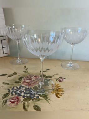 RONA Slovakia Set of 3 White Etched Crystal Wine Stemmed Coupe Glasses